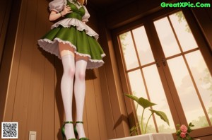 A girl in a green and white dress is posing for a picture.