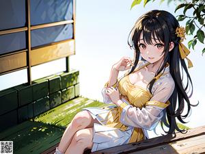 A woman in a kimono sitting on a couch.