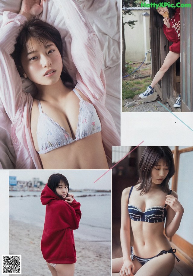 A woman in a bikini and a red hoodie posing for a magazine.