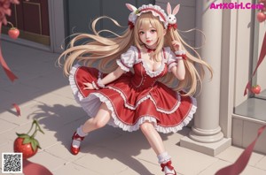 A woman in a red and white maid outfit posing for a picture.