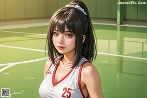 A woman in a red and white uniform crouching on a basketball court.
