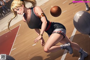 Anime girl with green hair holding a basketball.