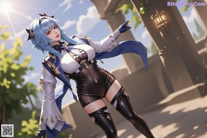 A woman with blue hair wearing a black and white outfit.