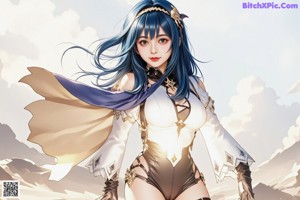A woman with long blue hair standing in a forest.