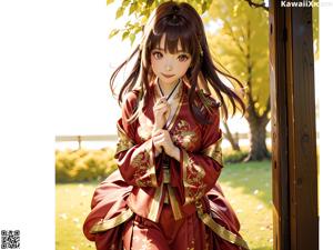 A woman in a red kimono sitting on a bed.