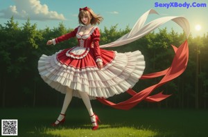 A woman in a red and white dress sitting on the ground.