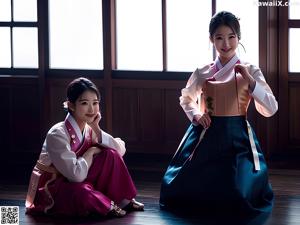 A woman in a pink and white hanbok sitting on a bed.