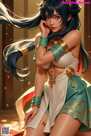 A woman in a blue and white outfit with a crown on her head.