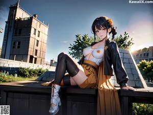 A woman in a maid outfit sitting on a bed.