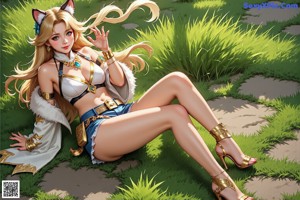 A woman with long blonde hair holding a sword in a forest.