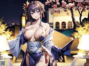A woman in a kimono sitting on a wooden bench.