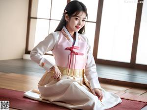 A woman in a green and white hanbok holding a fan.