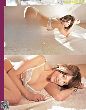A woman in a white bra sitting on a chair.