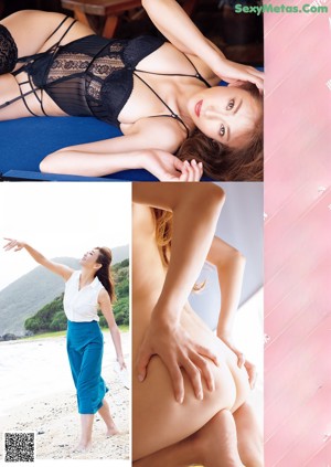 A woman in a white shirt is posing for a magazine.