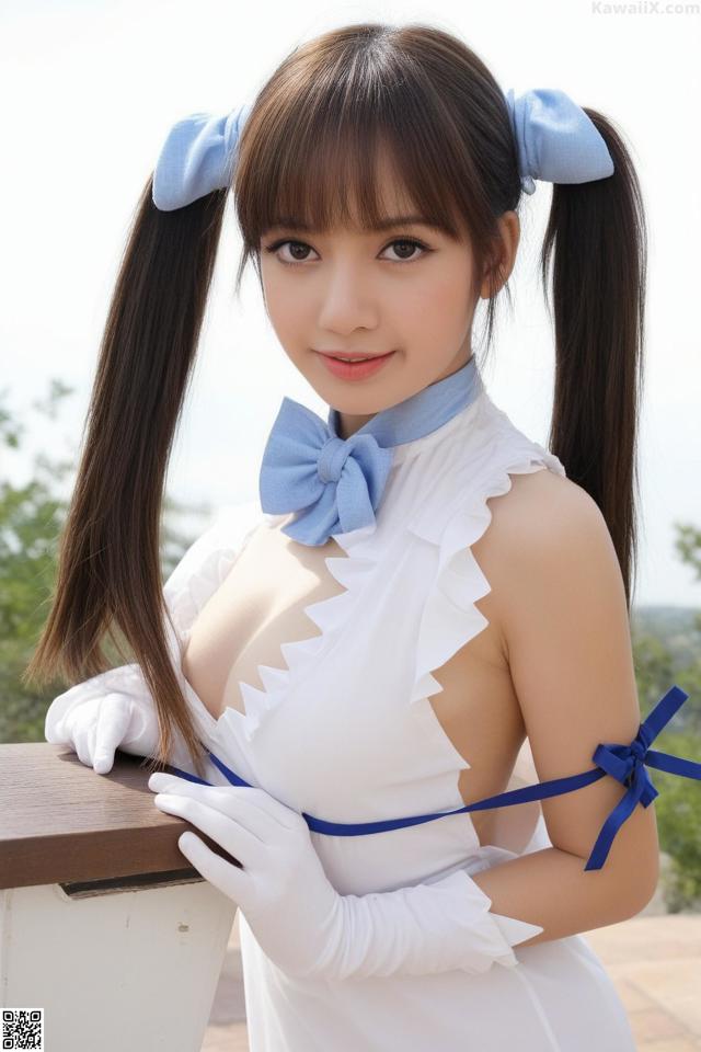 A woman in a white dress and blue bow tie posing for a picture.