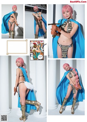 A woman in a bikini holding a sword and a blue cape.