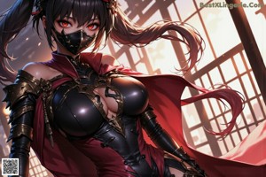 A woman in a red and black outfit holding a sword.