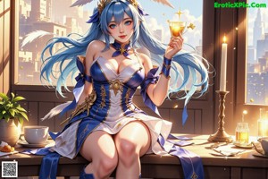 A woman with long blue hair wearing a white and gold outfit.