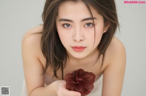 A naked woman sitting on top of a wooden table.