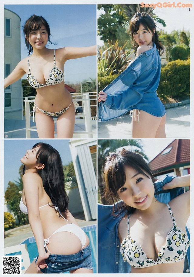 A woman in a bikini and denim jacket posing by a pool.