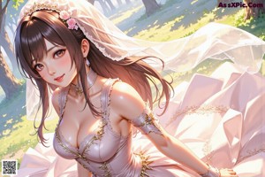 A woman in a wedding dress standing in the woods.