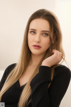 A woman in a sheer black top sitting on a bed.