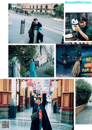 A collage of photos of a woman in a blue coat.