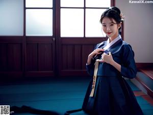 A woman in a pink and black hanbok poses for a picture.