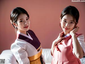 A woman in a pink and black hanbok poses for a picture.