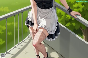 A woman in a maid outfit standing in a park.