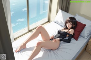 Anime girl with big tits posing in front of a window.
