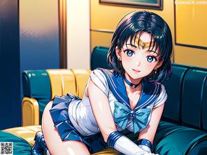 A girl in a sailor outfit talking on a cell phone.