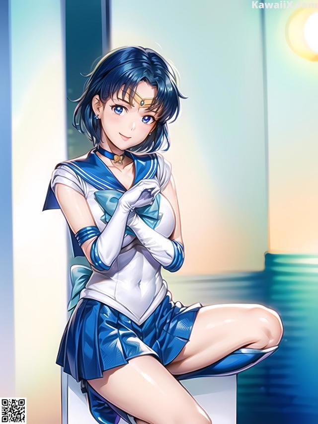 A woman in a sailor outfit sitting on a chair.