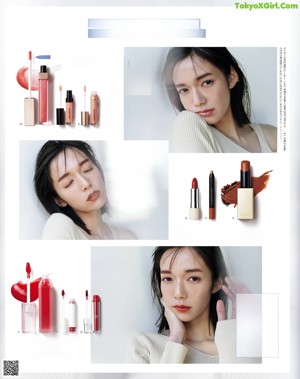 A magazine page with a picture of a woman applying makeup.