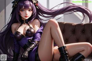 A woman in a black bikini with purple hair and a purple cape.