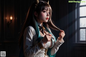 A woman in a white and green outfit is posing for a picture.