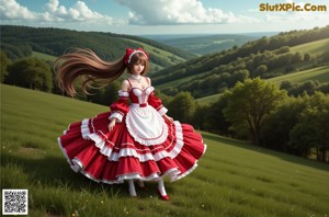 A woman in a red and white dress sitting on a bed.