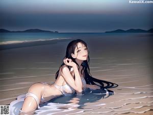 A woman in a bathing suit standing in the water.