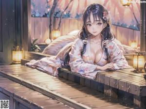 A woman in a purple kimono sitting on a bench.