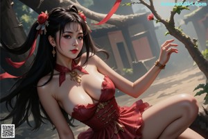 a woman in a red and black outfit with big tits