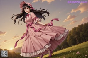 A woman with long black hair wearing a brown and pink dress.