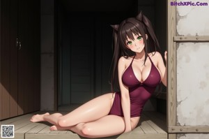 A naked anime girl holding a curtain in front of her face.