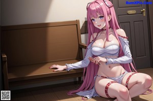 A nude anime girl with big tits sitting on a couch.