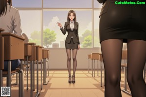 A woman in a suit and tie standing in front of a window.