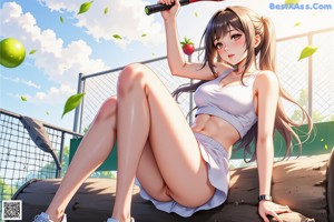 A woman in a white bikini holding a tennis racket.