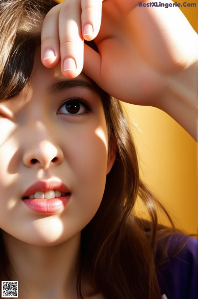 A woman with long brown hair holding her head in her hands.