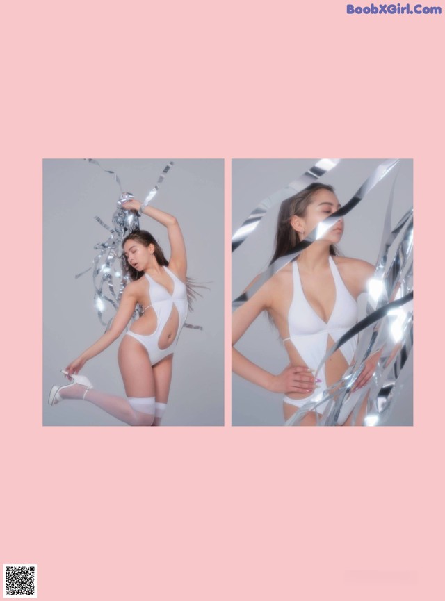 A woman in a white bodysuit holding a silver ribbon.