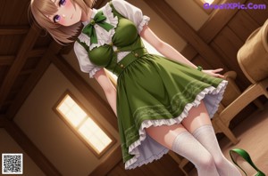 A woman in a green dress with a flower in her hair.