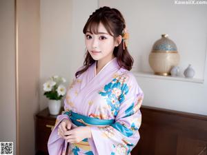 A woman in a blue kimono posing for the camera.