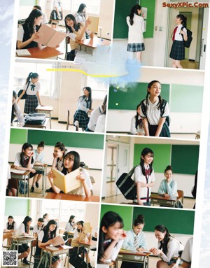 A collage of photos of a girl in a classroom.